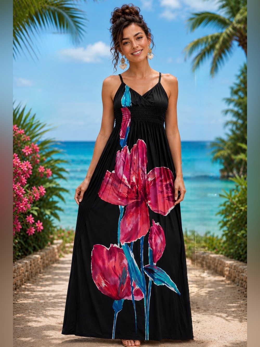 Black Maxi Dress with Pink Floral & Turquoise Water Color Print - size S/M